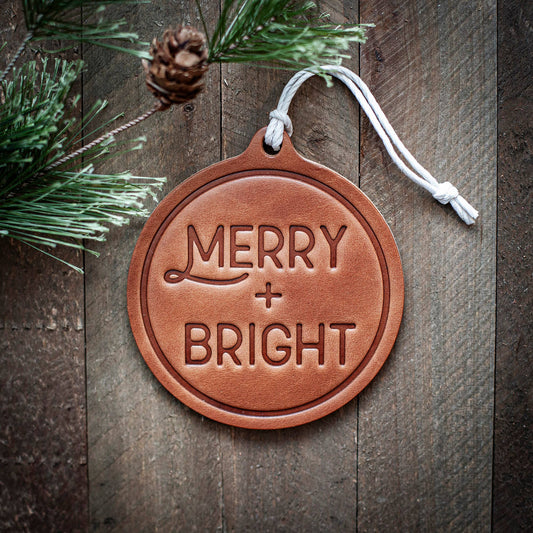 MERRY AND BRIGHT leather ornament